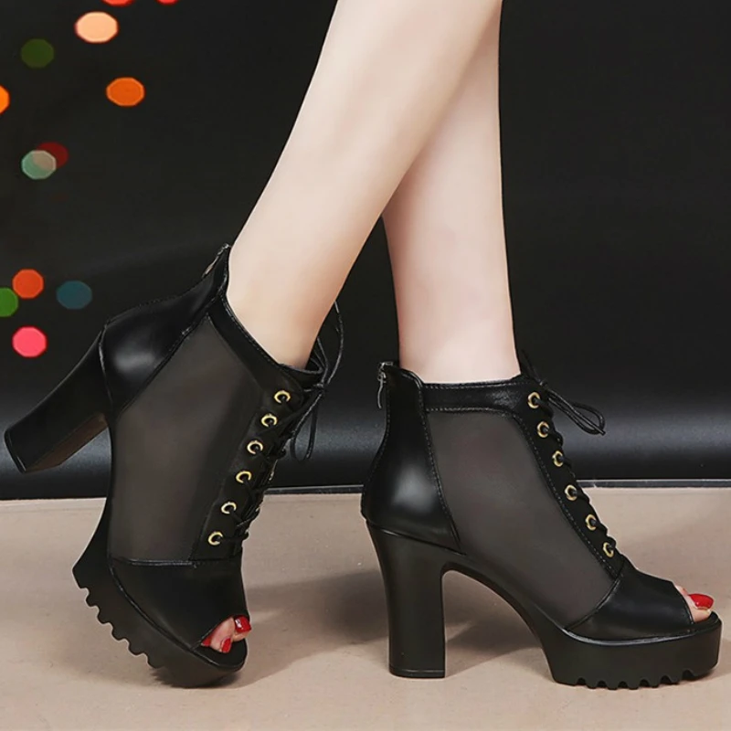 

Summer Women Sandals Air Mesh Square High Heel Platform Sexy Cross Tied Zipper Wedding Female Ladies Shoes Zapatos De Mujer