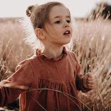 Kids Clothing Toddler Kids Girls Dress Linen Dress Brown Color Spring Baby Girls Dresses European& America Style Clothing