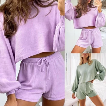 

Baggy Crop Long Sleeve Top Women Drawstring Knit Suits Purple Green Solid Color Fashion Streetwear Casaul Two Piece Sets D30