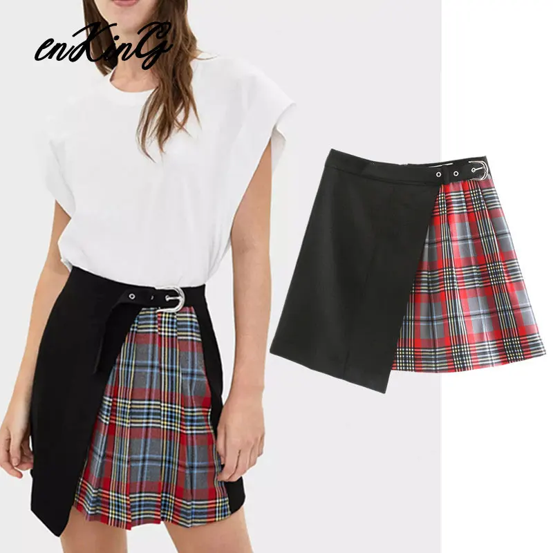 

2019 england preppy style plaid patchwork pleated high waist A-line mini za skirt women faldas mujer moda 2019 skirts womens