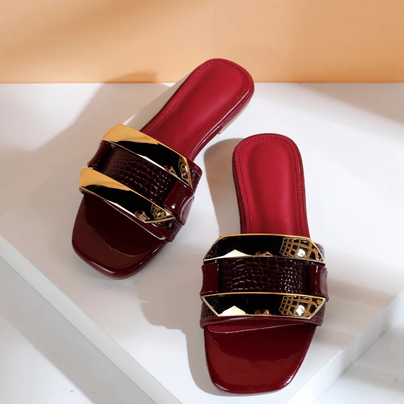 2021 Fashion PU Metal Decoratio Summer Women Shoes NEW Flat With Outside Head Peep Square Toe Slippers Casual Size 36-42