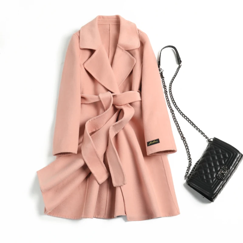 Двухстороннее кашемировое пальто, женская зимняя куртка, женское Однотонное шерстяное пальто, женское длинное пальто, тонкое женское Шерстяное Пальто - Цвет: pink