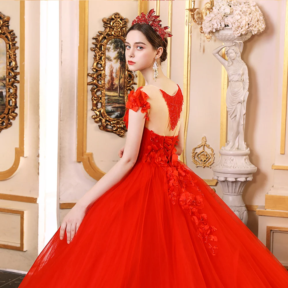 Vestido De Noiva Princesa изготовление на заказ Бисероплетение аппликации цветы Великолепный красный бальное платье Свадебные платья плюс размер Hochzeitskleid