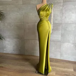 New Green Prom Dresses Satin Beading Sequined One Shoulder Tassel Pleat High Split Elegant Formal Evening Dress Robes De Soirée