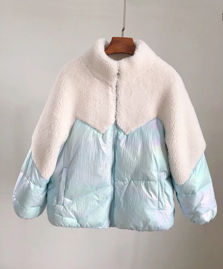 Light blue Granule овечья стриженная пуховая куртка женская зимняя новая Корейская меховая Стеганая пуховая куртка шуба короткая Глянцевая Куртка Tide 288 - Цвет: Light blue