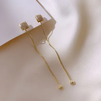 

New fashion long tassel metal ball Women earrings temperament contracted fine crystal geometric square Drop earrings 2020