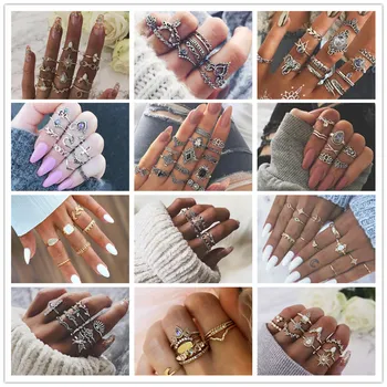 

1pack/set Vintage Flower Moon Bohemian Midi Finger Ring Sets Retro Fatima Hand Crown Knuckle ring For Female Anillos