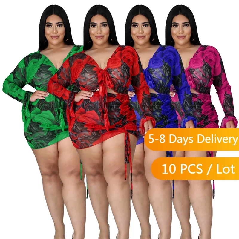 

Wholesale Items Floral Print Fashion Two Piece Set Women Autumn Mesh Rave Outfits Flare Sleeve Crop Top and Mini Skirt Set