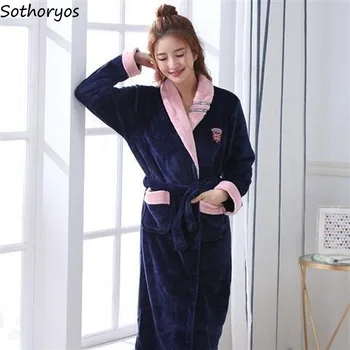 

Robes Couples Winter Coral Fleece Bathrobes Flannel Warm Thickening Lace-up Korean Style Womens Mens Sleepwear Simple Elegant