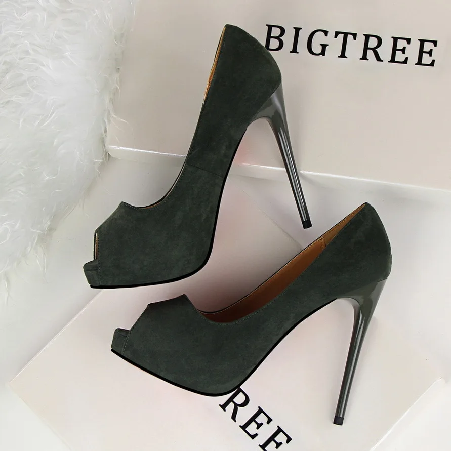

1675-2 Korean-style Simple Thin Heeled Ultra-High-Heel Waterproof Platform Low-Cut Suede Sexy Nightclub Fish Mouth Shoes High He