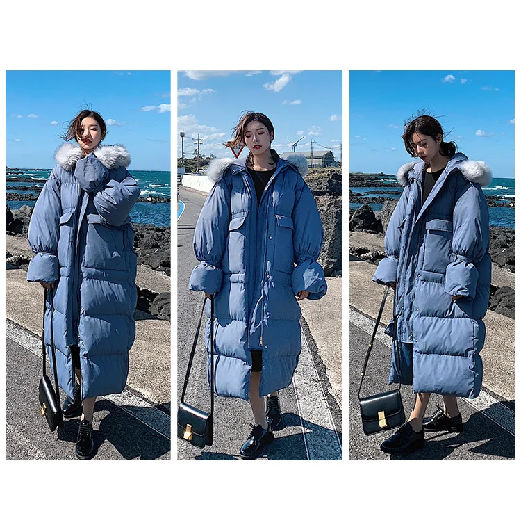 Зимнее пальто женское корейское с капюшоном свободное негабаритное давление туман синий толстый теплый пуховик женская зимняя верхняя одежда 559