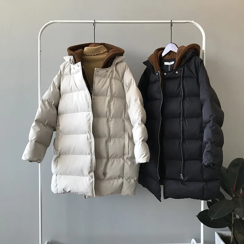 Lugentolo, Женское пальто, Зимняя парка, корейский стиль, с капюшоном, поддельные, два предмета, теплые, одноцветные, свободные, на молнии, с карманами, средней длины, парки