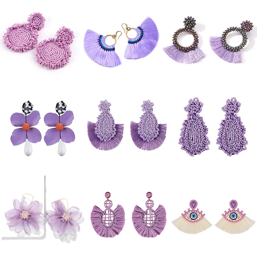 

Fashion Purple Tassel Drop Earrings for Women Girl Handmade Bohemia Eyes Flowers Fringed Long Dangle Earrings Party Jewelry Gift