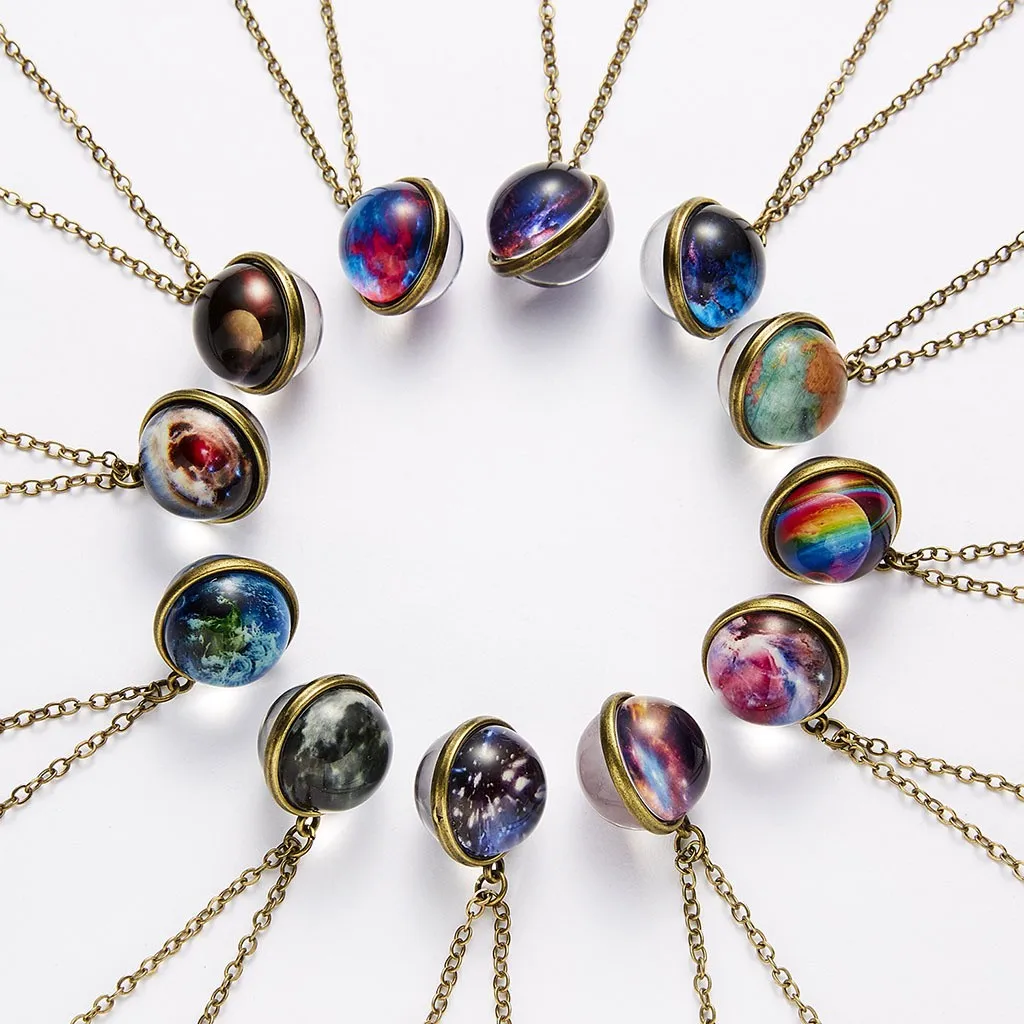 Women Necklace Glow In The Dark Galaxy System Double Sided Glass Dome Planet Pendant намисто kettingen voor vrouwen #L | Украшения и