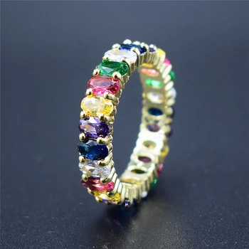 

Dainty Rainbow Ring Colorful Multi Color CZ Eternity Round Finger Gold Ring for Women Wedding Party Jewelry Best Birthday Gift
