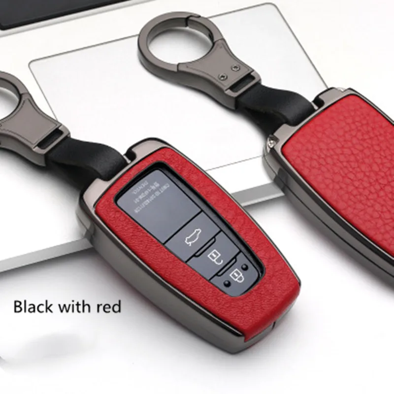 Чехол для ключей автомобиля из сплава+ кожи, держатель для Toyota Prius CHR C-HR Camry, защитный чехол для ключей с дистанционным управлением - Название цвета: black with red