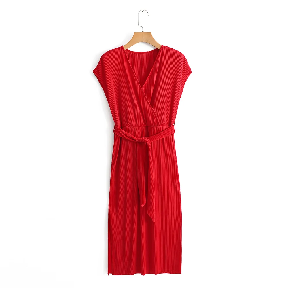 

New Summer 2009 Women's V-collar Sleeveless Tie with Slender Waist, Pure Color Open-forked Medium-length Dresses