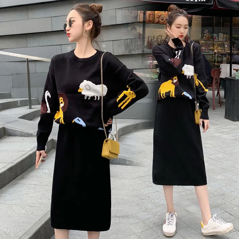 

Maternity Clothes Autumn And Winter New Style Nursing Nursing Core-Spun Yarn Animal Pattern Jacquard Set Feeding Two-Piece Set