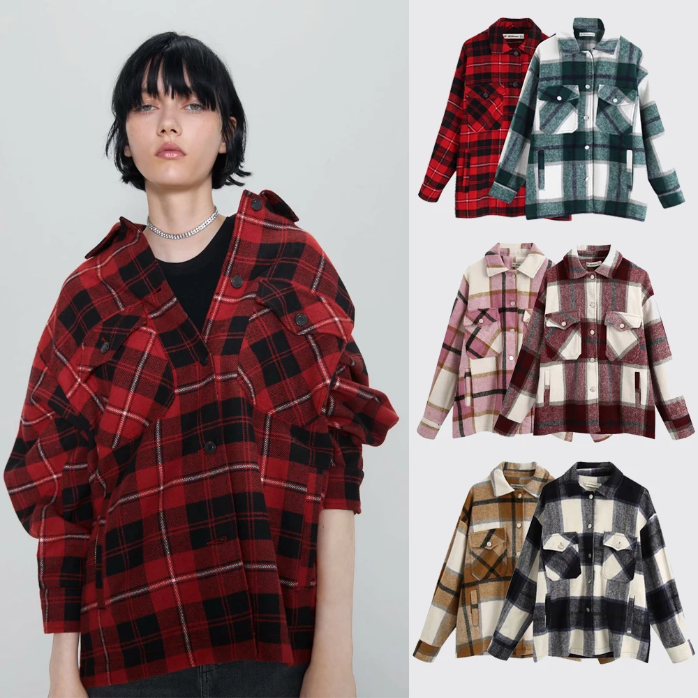 

Female Jacket Winter Plaid Shirt Coat Oversize Loose Vintage Button Women's Jacket