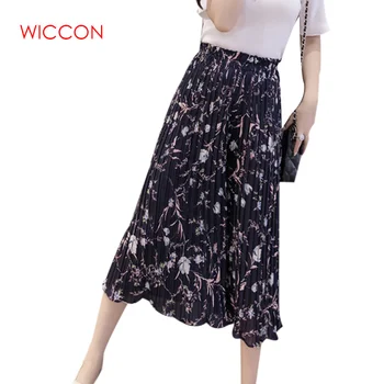 

New Chiffon Pleated Wide Leg Pants Female 2019 Summer Waist Floral Print Elastic High Waist Female Casual Pants