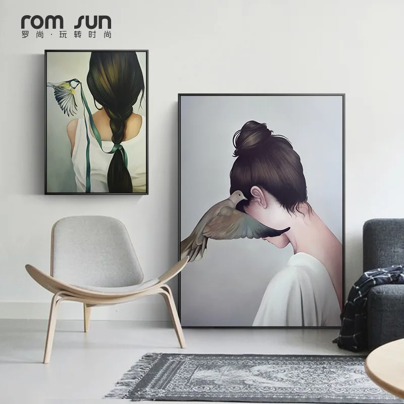 

Nordic Style Girl and Bird Canvas Painting Posters And Print Modern Figure Wall Art Pictures for Living Room Bedroom Home Decor