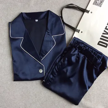 

Women's Schlafanzug Satin Pajamas Sets Notch Collar Sleepwear Long Sleeves Shirts with Long Pants Pyjamas Suit Frauenpyjamas