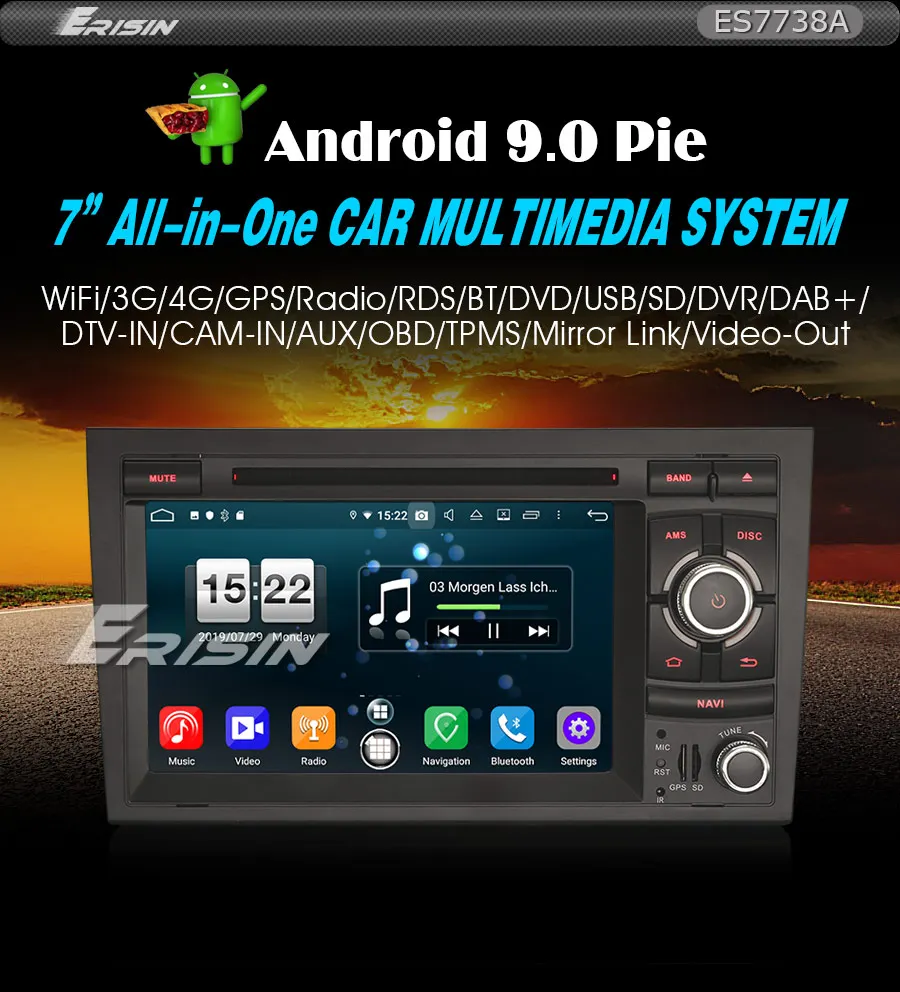 Erisin ES7738A " Android 9,0 Автомобильный DVD стерео DAB+ 4G gps навигация для Audi A4 S4 RS4 SEAT EXEO