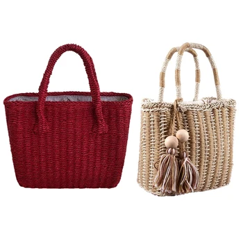 

Casual Simple and Generous No Decorative Plain Color Net Hollow Textured Woven Bag Popular Straw Bag Handbags Red & Women's Beac