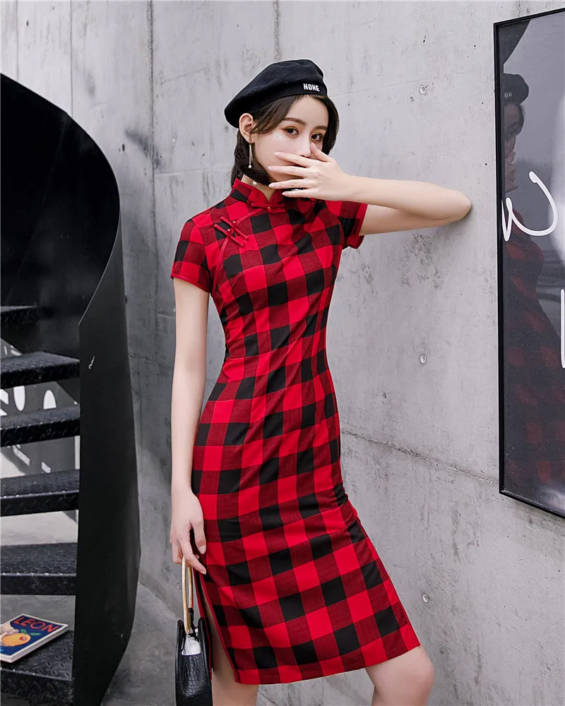 

Plaid Red Short Sleeve Women Cheongsam Vestidso Elegant Mandarin Collar Wedding Party Dressing Gown High Split Sexy Qipao