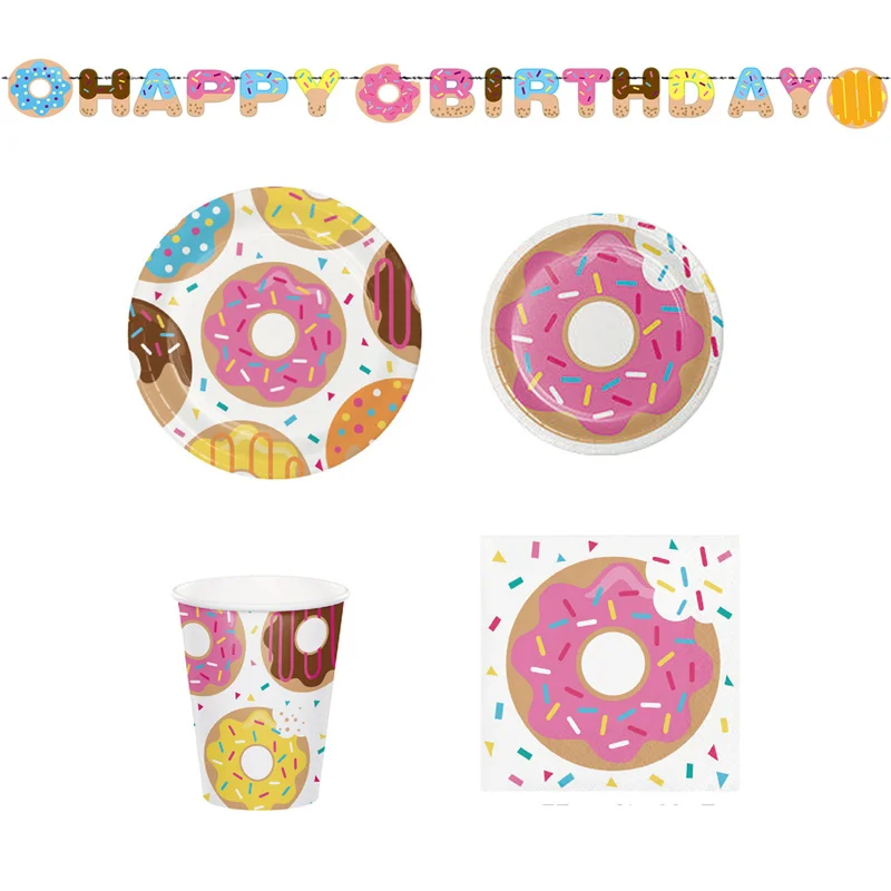 

OLOEY Donut Party Plate Cup Napkins Tablecloth Banner Birthday Party Disposable Tableware Set 1st Birthday Decor Party Supplies