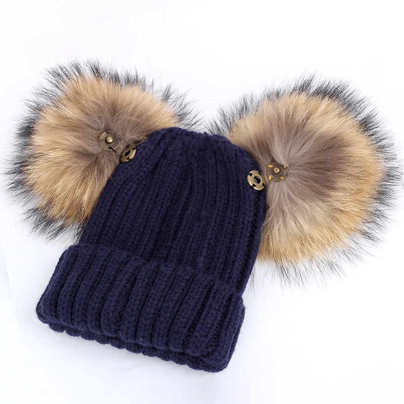 2019New-Two-Raccoon-Fur-pom-poms-Knit-Beanie-Hat-Solid-Color-High-Quality-Winter-Hat-Boy