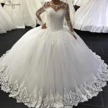 

Princess Ball Gown Wedding Dresses Long Sleeves Lace Appliques Beaded Sequins Lace Up Bridal Gowns Bride Dress Vestido De Noiva