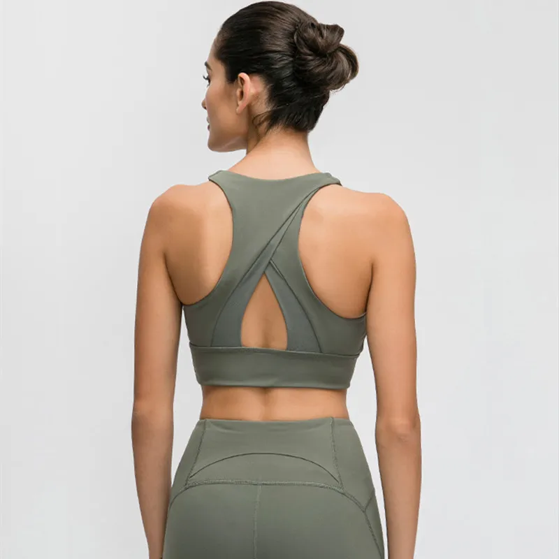 Mermaid Curve Full Cups Sports Bras Back Triangle Net Yarn Patchwork Hollow Out Fitness Bra Women Gym Training Sweat-wicking Bra