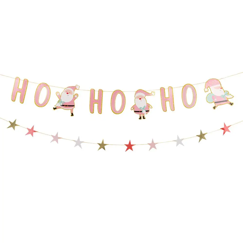 

2pcs Christmas Decorations for Home Pink Ho Ho Ho Sign Holiday Banner Star Garland Santa Claus Merry Christmas Decor