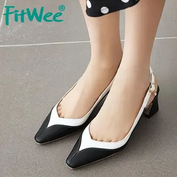 

Fitwee Plus Size 33-48 Women Sandals Shoes Fashion Strap Toe Slingbacks Shoes Women Metal Buckle Crystals Thick Heels Footwear