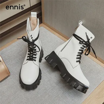 

ENNIS Autumn Winter White Platform Ankle Boots Women Lace Up Boots Genuine Leather Martin Boots Black Double Zipper Shoes A0038
