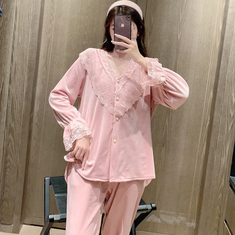 

Women Velvet 2PCS Set Pajamas Spring Autumn Pink Velour Sleepwear Loose Nightwear Home Clothing