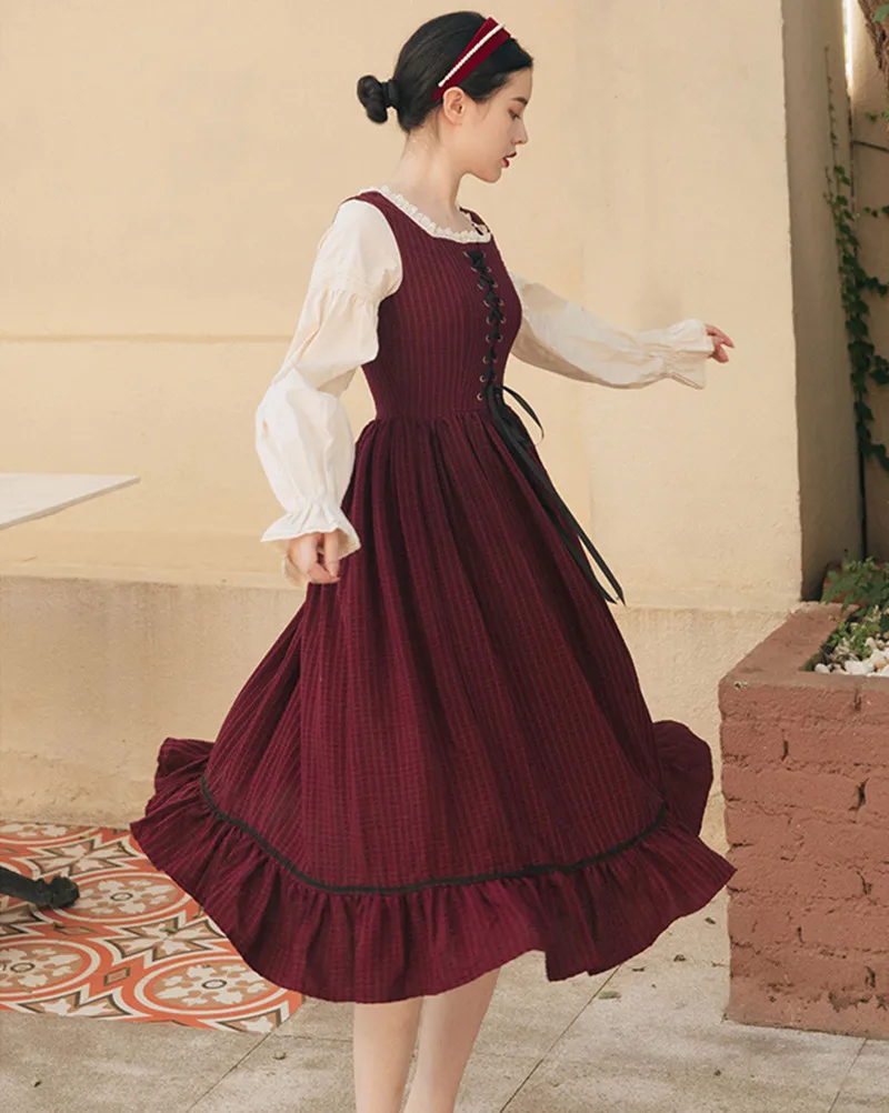 Autumn Cottagecore Plaid Dress Woman Vintage Chic Design Flare