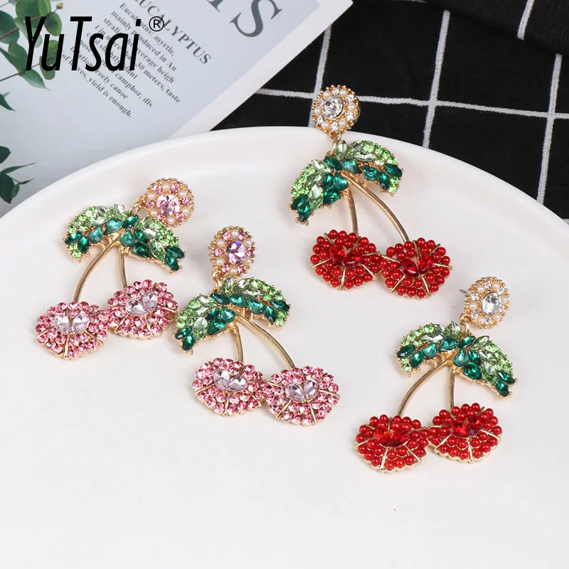 YUTSAI Hot Summer Fashion Fresh Fruit Crystal Dangle Earring Shiny Rhinestone Red Cherry Drop Earrings Jewelry for Women YT146 | Украшения