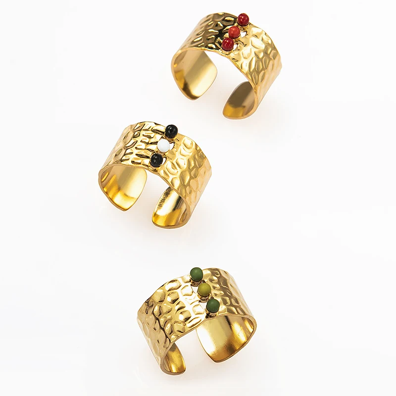 Finger Rings Gold Plated Wide Opening Stainless Steel Handmade Stone Concave Convex Adjustable For Women