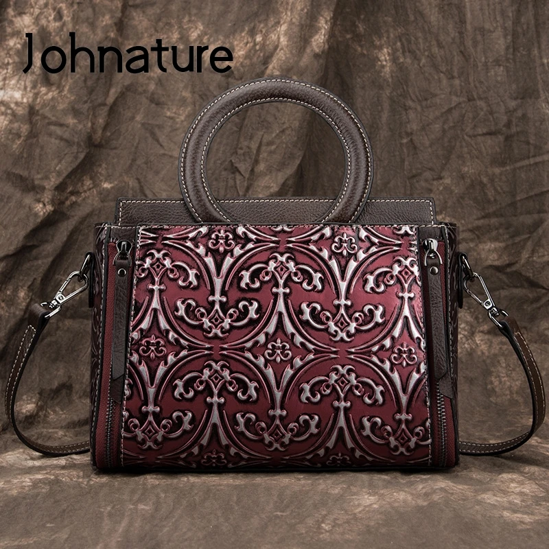 Роскошная сумка Johnature из натуральной кожи в стиле ретро, женская сумка, новинка, ручная работа, тиснение, Воловья кожа, цветочный рисунок, сумки через плечо и через плечо
