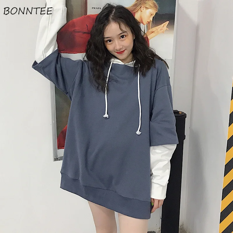 

Hoodies Women Korean Soft Loose Patchwork High Quality Simple Fashion Hooded Student Thin Ulzzang Harajuku Womens Sweatshirts