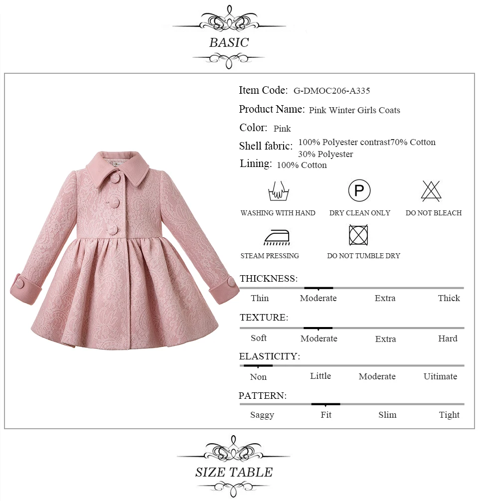 Pettigirl/розовые зимние пальто для девочек, шерстяная однобортная одежда с воротником для маленьких девочек, пальто с рисунком, G-DMOC206-A335