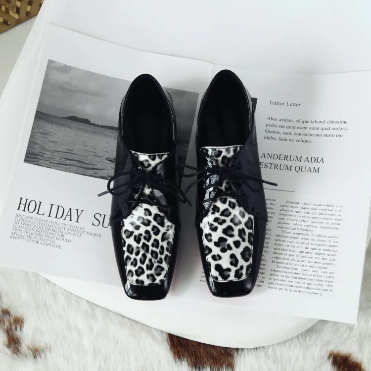 MLJUESE women pumps Cow leather Rome style autumn spring leopard color lace up square toe high heels party dress wedding