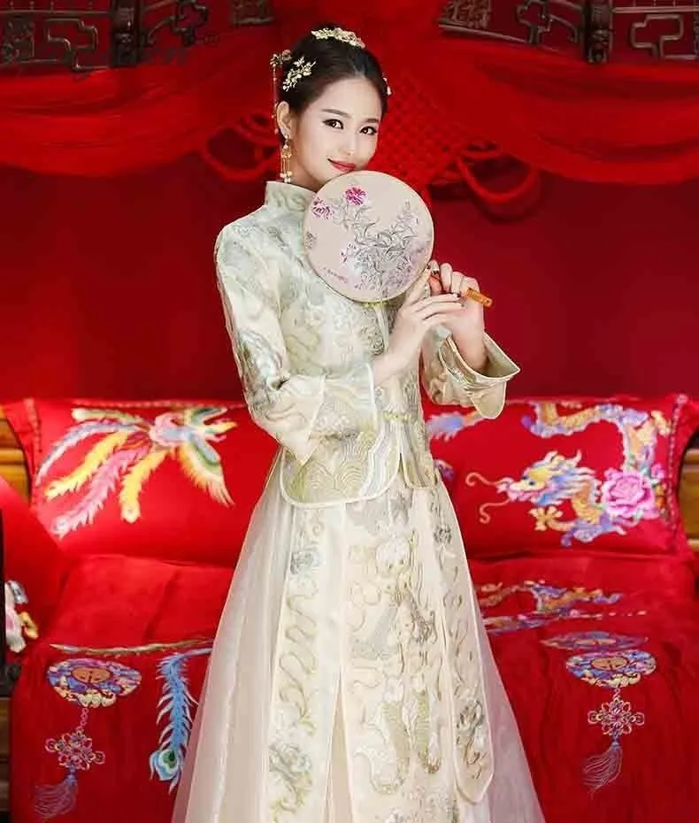 Весна 2019, цвет шампанского, Cheongsam, Китай, платья с длинными рукавами, Qi Pao, женское китайское свадебное платье, Ципао, современное платье