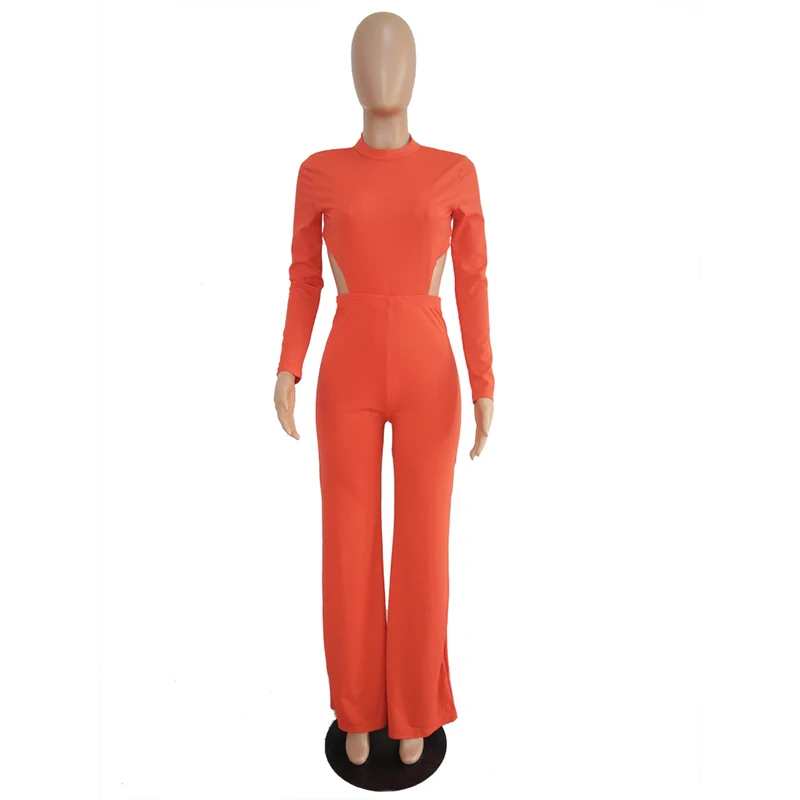 Сексуальная Открытая спина оранжевый Облегающий комбинезон для женщин с длинным рукавом на талии с вырезами комбинезон вечерние Клубные