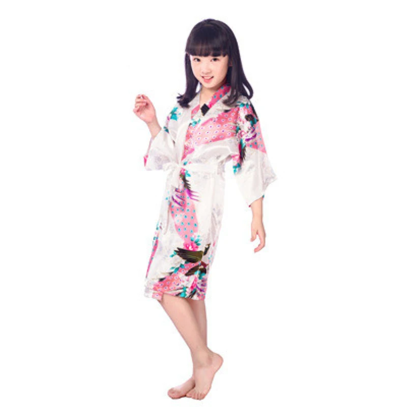 Child Satin Kimono Robes Girls Kids Floral Sleepwear Peacock Flower Robe Spa Wedding Birthday Nightgown child bathrobe