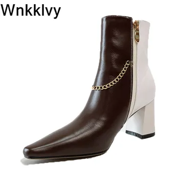 

Pointed toe chunky high heel short boots 2020 women mixed colors metal chain decor ankle botas autumn winter fetish shoes