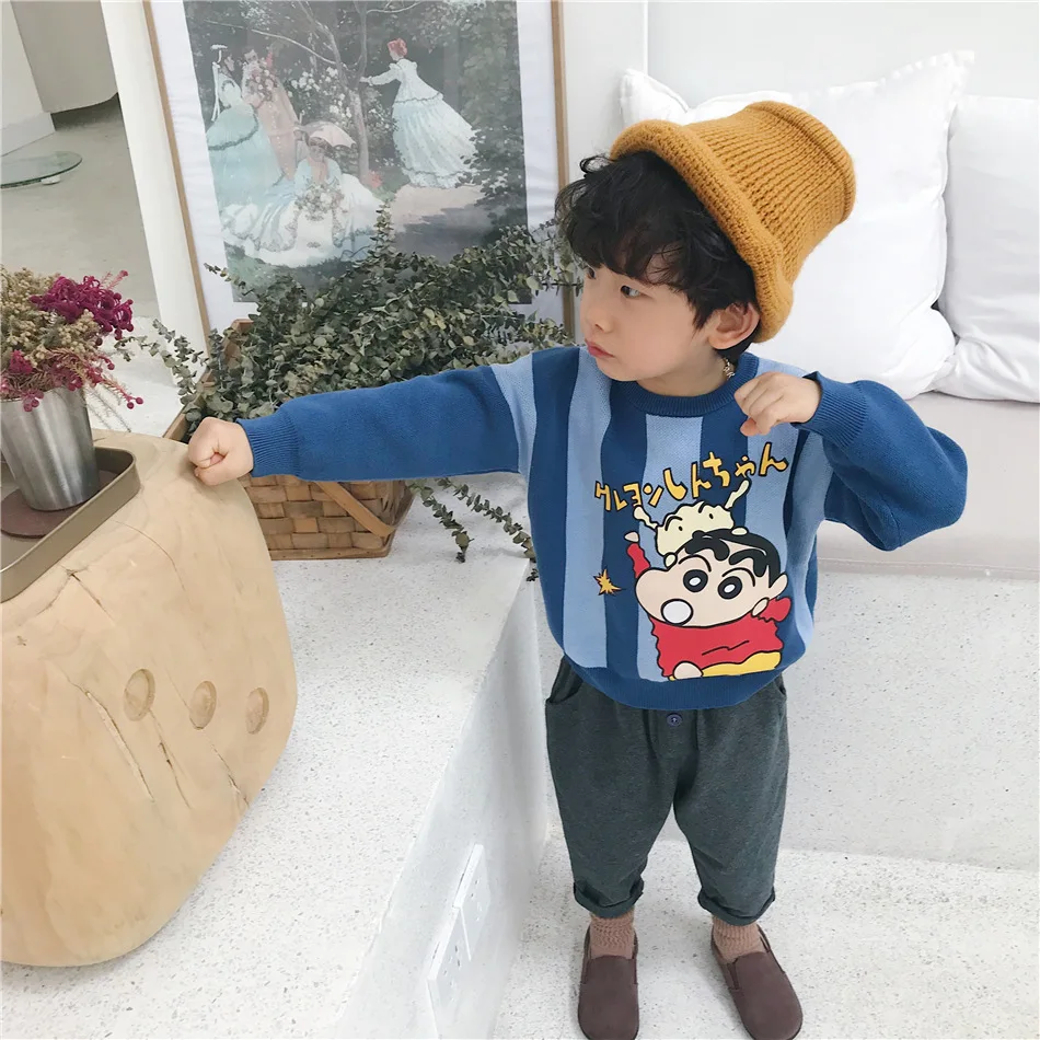 Tonytaobaby/новая осенне-зимняя одежда для мальчиков и девочек; детская одежда; свитер из чистого хлопка в полоску с рисунком; детские свитера
