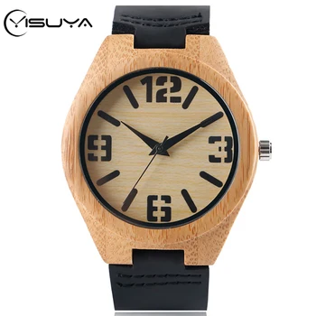 

YISUYA Bamboo Wood Watch Gothic Big Numbers Display Men's Watch Unique Quartz Wooden Wristwatch Leather Male Clock Luxury reloj